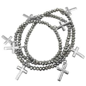 Hematite Grey Glass Stretch Wrap Cross Dangle Charms Bracelet or Necklace